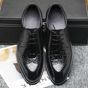 Fashion Brock Carved Business Dress Leather Shoes Men's Genuine Leather British Youth Lace-up Korean Style Point Toe Wedding Shoes