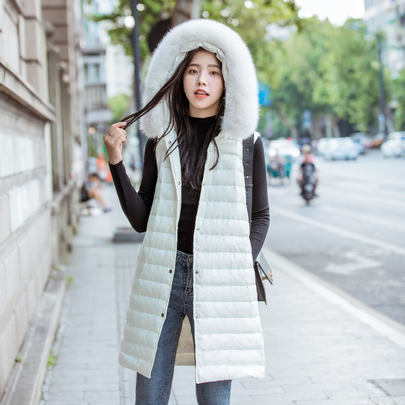 2018秋冬新款輕薄羽絨服馬甲背心連帽中長款羽絨服女白狐狸毛領