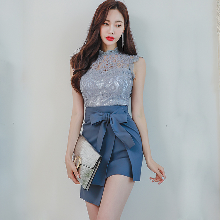 韩版OL气质蕾丝镂空上衣+系带收腰包臀半身裙套装 跨境女装两件套