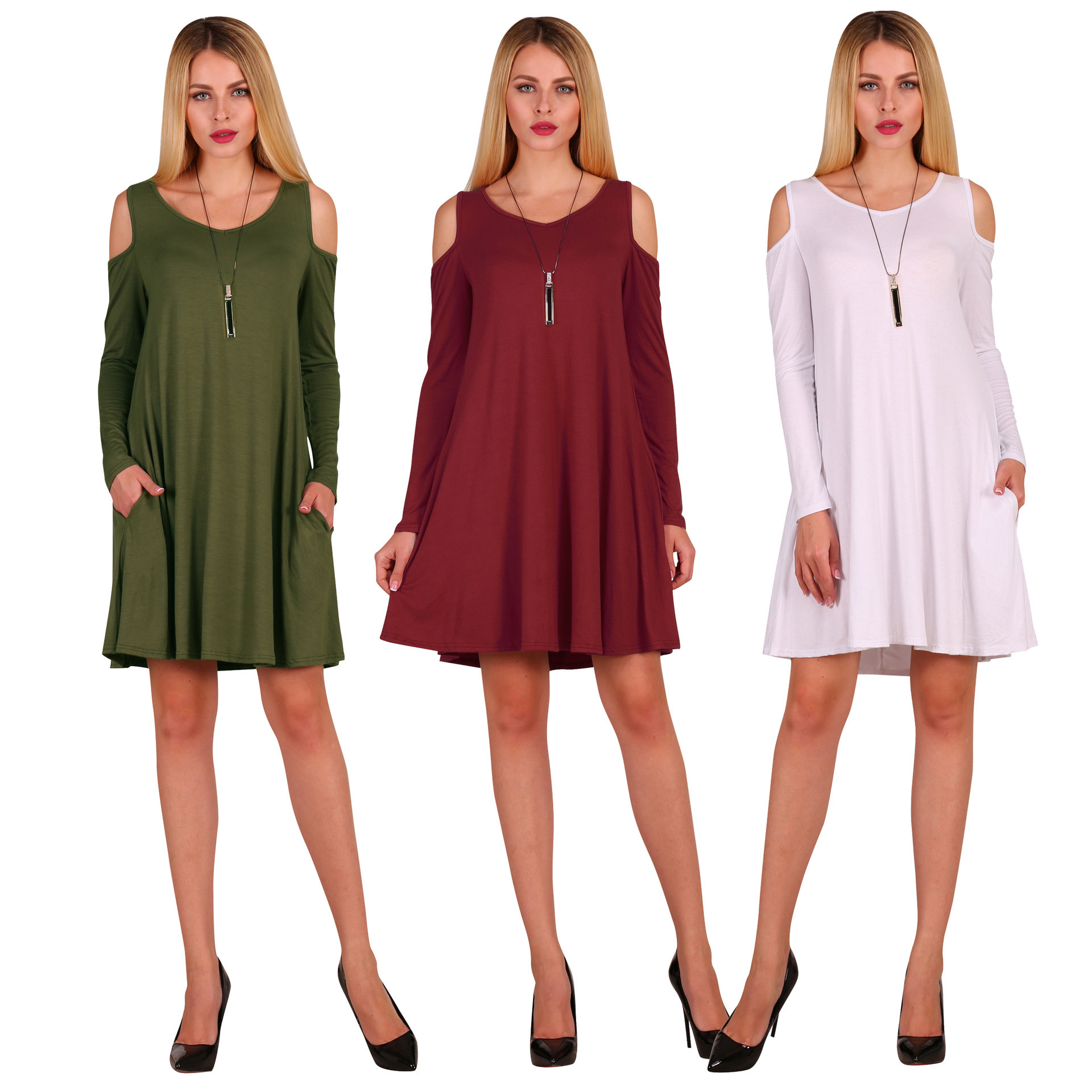 2018欧美速卖通亚马逊ebay春夏中长裙时尚圆领漏肩长袖连衣群女装