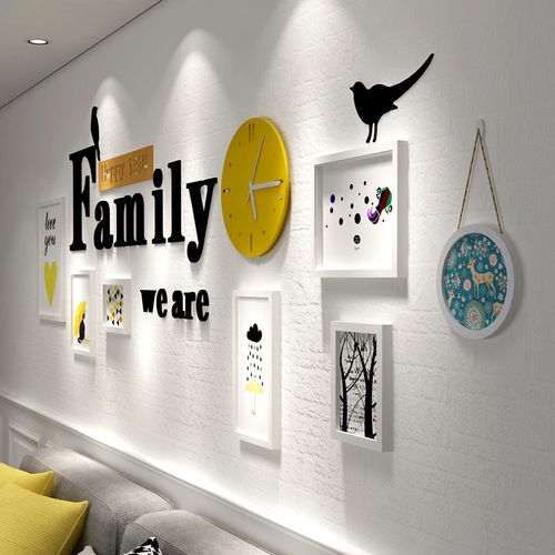 Modern simple letter decorative painting combination sofa living room wall photo frame wall with clock soft decoration creative mural