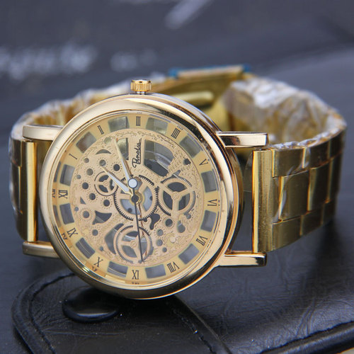 Foreign trade AliExpress men's watch best-selling watch hollow gold fashion watch imitation mechanical men's steel band quartz watch