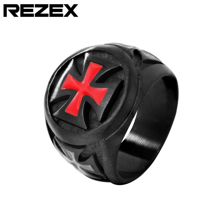 R0345-NK01 European and American Personality Retro Punk Red Cross Rack Men's Black Titanium Steel Ring