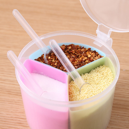 Kitchen divided seasoning box multi-purpose seasoning box seasoning bottle round combination three-compartment plastic seasoning box with small spoon