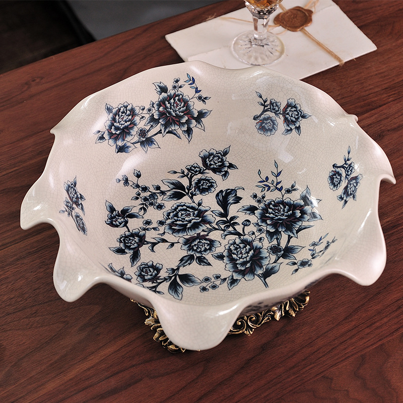 供應創意新中式家居陶瓷水果盤擺件複古青花瓷創意果盤陶瓷工藝品