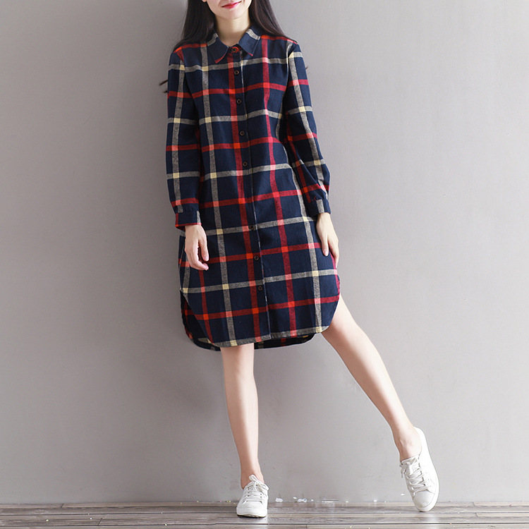 2019春秋新款文藝格子襯衫裙大碼寬松中長款連衣裙女百搭打底裙