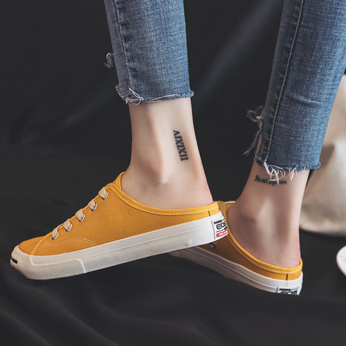 Spring and summer new student canvas shoes women's fashion lace-up sneakers open white shoes sandals half drag holder breathable