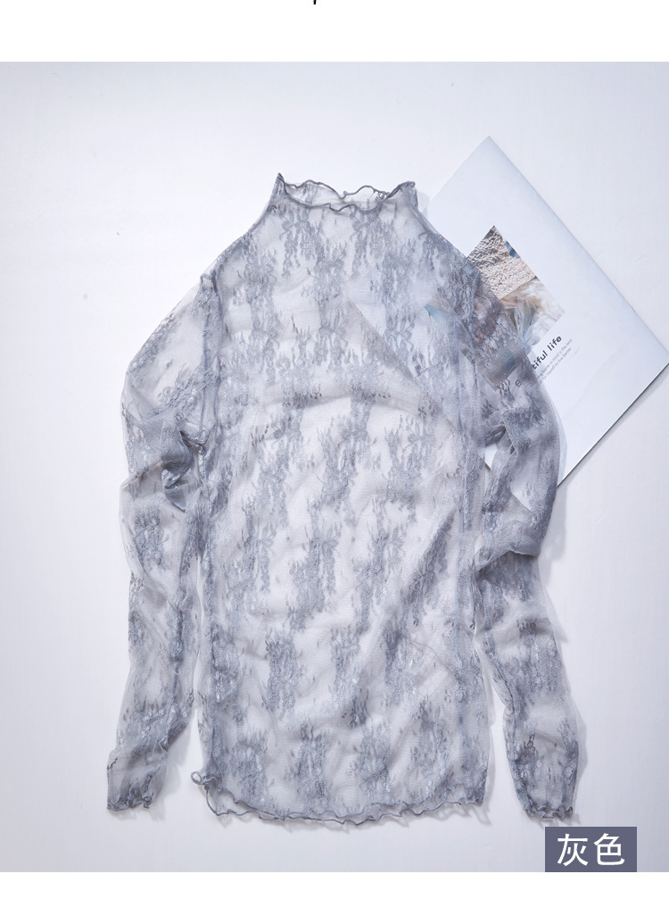 Super fairy-like innerwear lace base shirt for women 2020 new long-sleeved sexy cut-out mesh top semi-high neck lace shirt pic 16