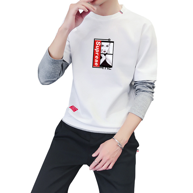 18爆款男式假两件套头卫衣 秋冬新款韩版修身撞色套头卫衣俏女郎