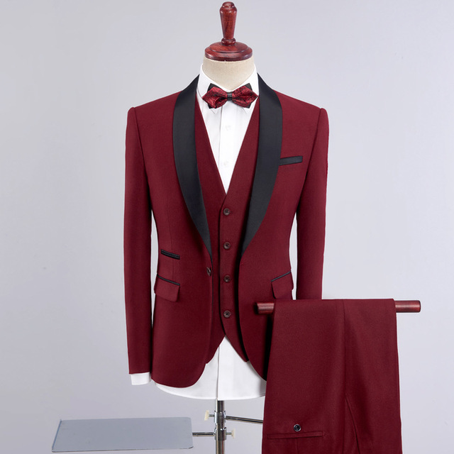 Wine red suit men’s slim business gentleman’s formal dress banquet bridegroom’s dress