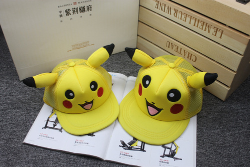 Spring and Summer Flat Brim Hip-Hop Hat for Children, Cartoon Pikachu Flat Brim Hat, Parent-Child Style Fashion Street Dance Trendy Hat, Wholesale