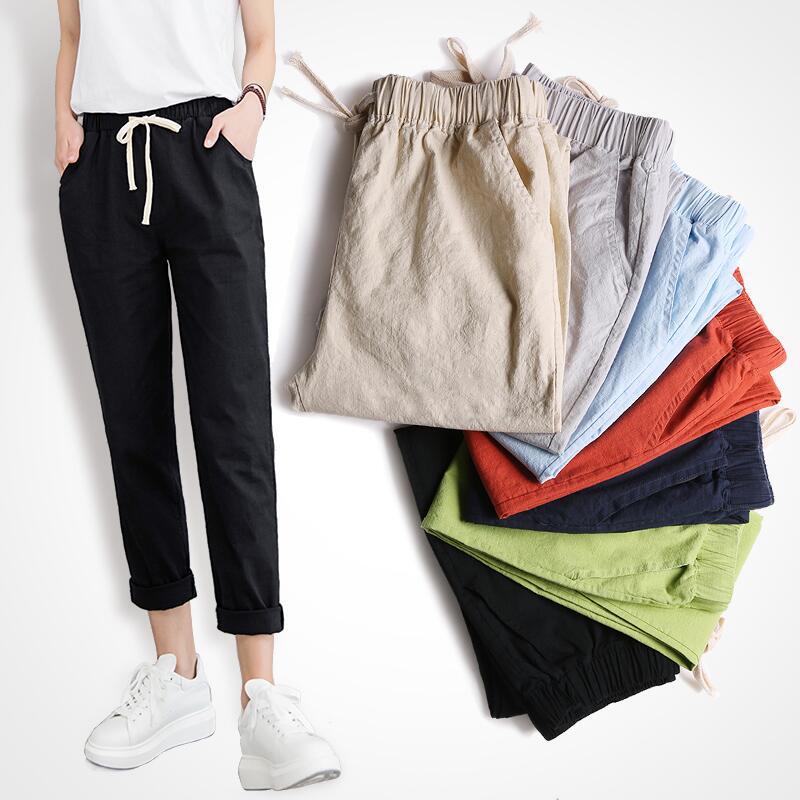 Cotton and linen nine pants spring summer thin straight loose casual pants female water wash jumps Harlan small pants