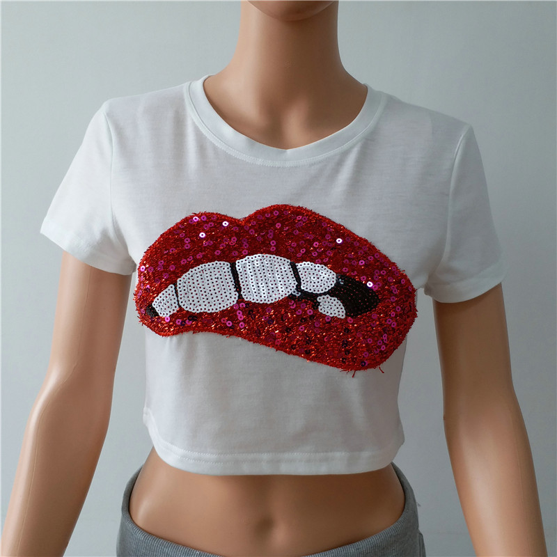 Lip Sequins Embroidered Cropped T-Shirts NSOSY111506