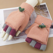 手套女冬季保暖可爱韩版学生卡通针织毛线情侣款翻盖半指两用手套