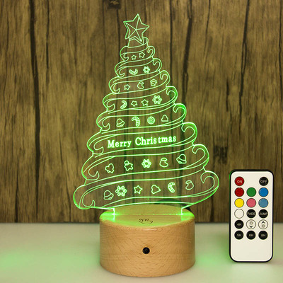  2021新款3D小夜灯实木触摸亚克力LED木头圣诞树USB灯礼品