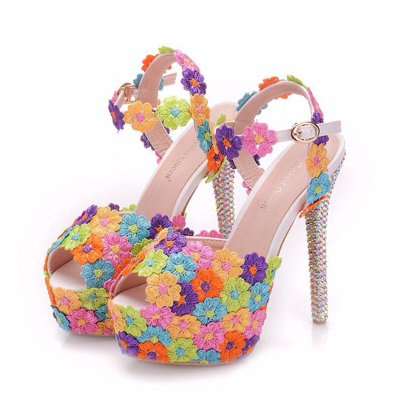 14cm Foreign Trade Fish Mouth High Heel Sandals Thin Heel Color Lace Wedding Shoes Bridal Shoes Diamond Crystal Sandals
