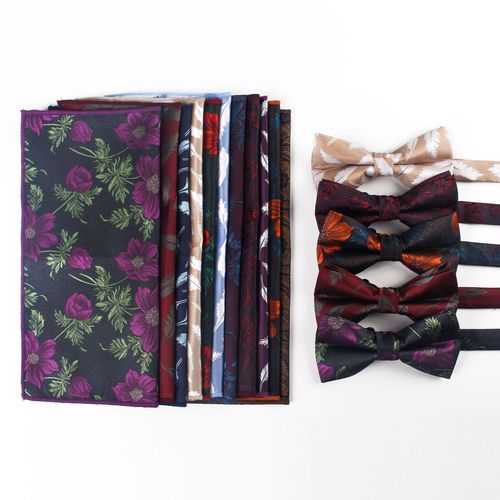 Drop shipping floral pattern polyester jacquard men's and women's square scarf pocket square party casual accessories bow tie set