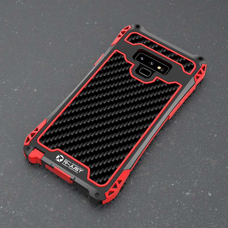 R-Just Amira Heavy Duty Dirtproof Shockproof Rainproof Aluminum Metal Bumper Carbon Fiber Back Cover Case for Samsung Galaxy Note 9