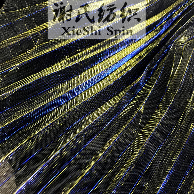 2023 spring and summer electro-optic fabric blue gold electric bright pleated mesh fabric see-through nightclub clothes crumpled fabric
