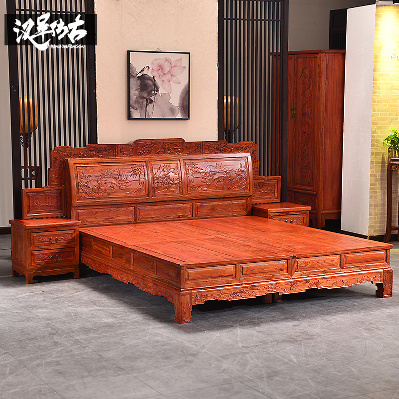 中式明清仿古榆木古典家具高低全实木双人床1.8米硬板床批发直销|ms