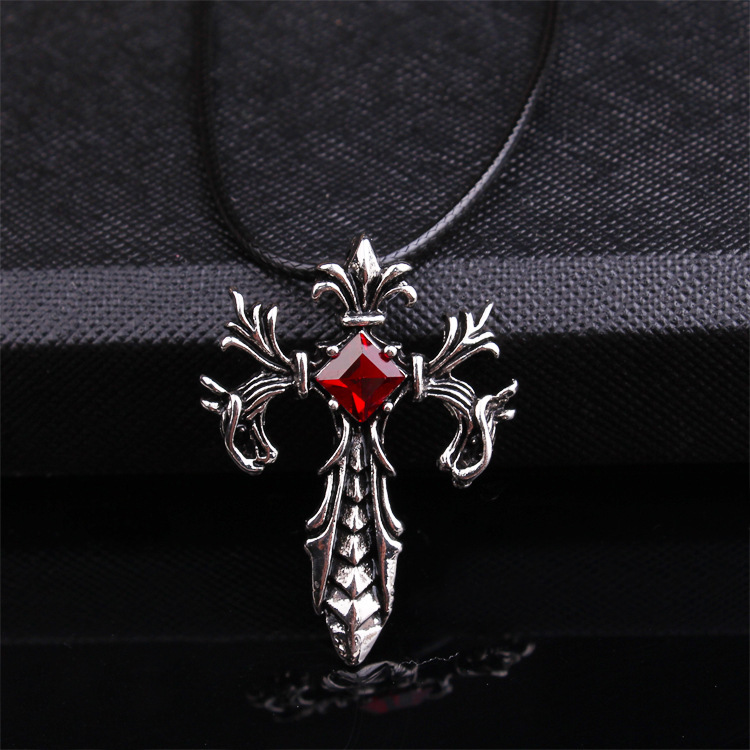 Gothic minimalistischer Schmuck Persönlichkeit rot geometrischer Titanstahl-Anhänger dominantes Kreuz Herrenhalskette_voghion.com