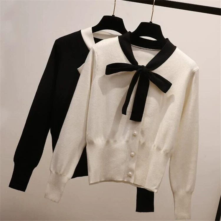 Autumn knitted cardigan with bow, short-length sweater jacket, high-waist, one size