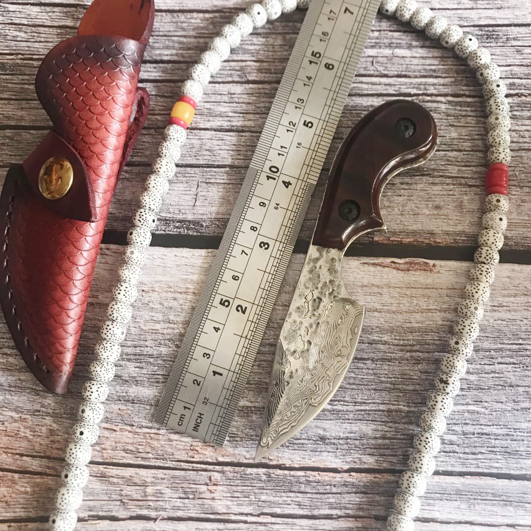 手工花纹钢一体大马士革钢直刀高硬度锋利户外战术礼品收藏小刀具