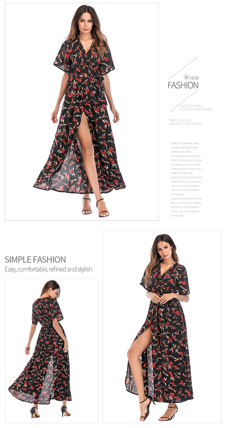 retro floral V-neck slit short-sleeved chiffon dress wholesale clothing vendor Nihaostyles NSDMB69670