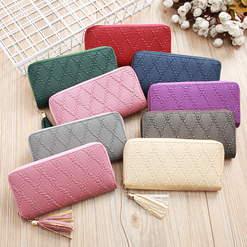 72g Weight Synthetic Leather Lining Material Zipper Closure Type Korean New Ladies Fashion Tassel Rhombus Embossed Wallet