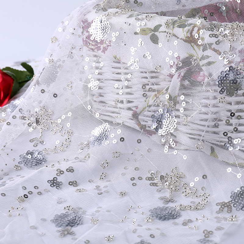 春夏新款欧美风亮片绣花面料小米珠金片绣连衣裙礼服时装绣花面料