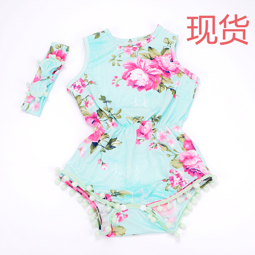 现货欧美宝宝毛球哈衣女童连体泳衣套装爬爬服背带裙绿色|ru