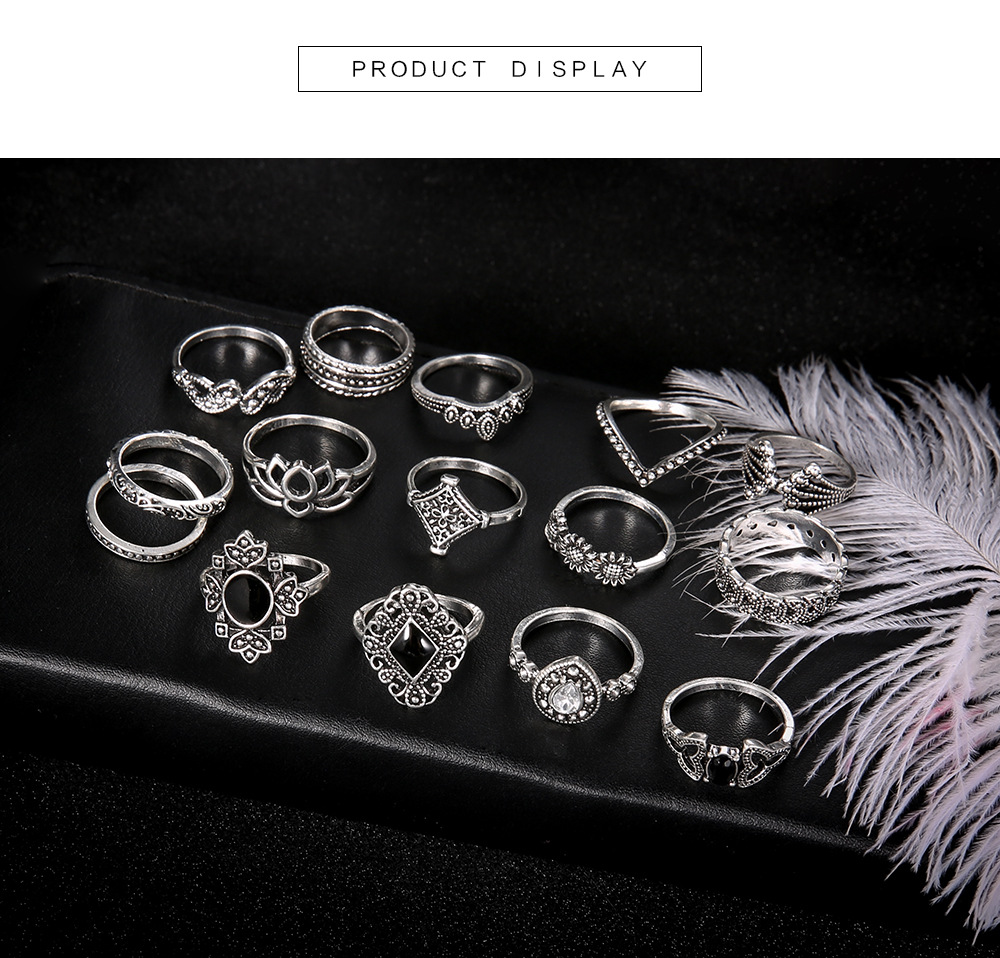 Bohemian Retro Silver Hollow Lotus Gemstone Ring 15-piece Set display picture 6