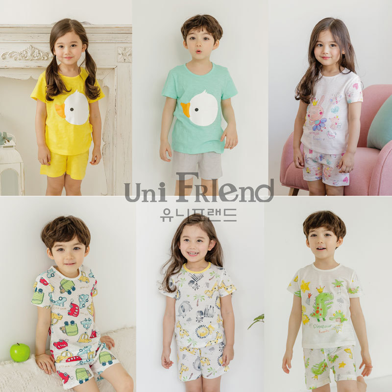 uni18新款童装男女童短袖套装18夏季新品5分薄款竹节棉宝宝家居服