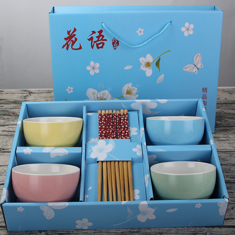 创意款马卡龙陶瓷碗筷礼品套装 厂家直销色釉碗勺礼品碗套装批发