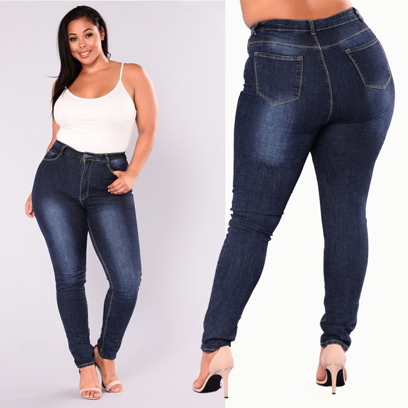 Women's clothing hot selling women's pants large size high waist elastic jeans fat boy cotton long pants_mkmklike.com