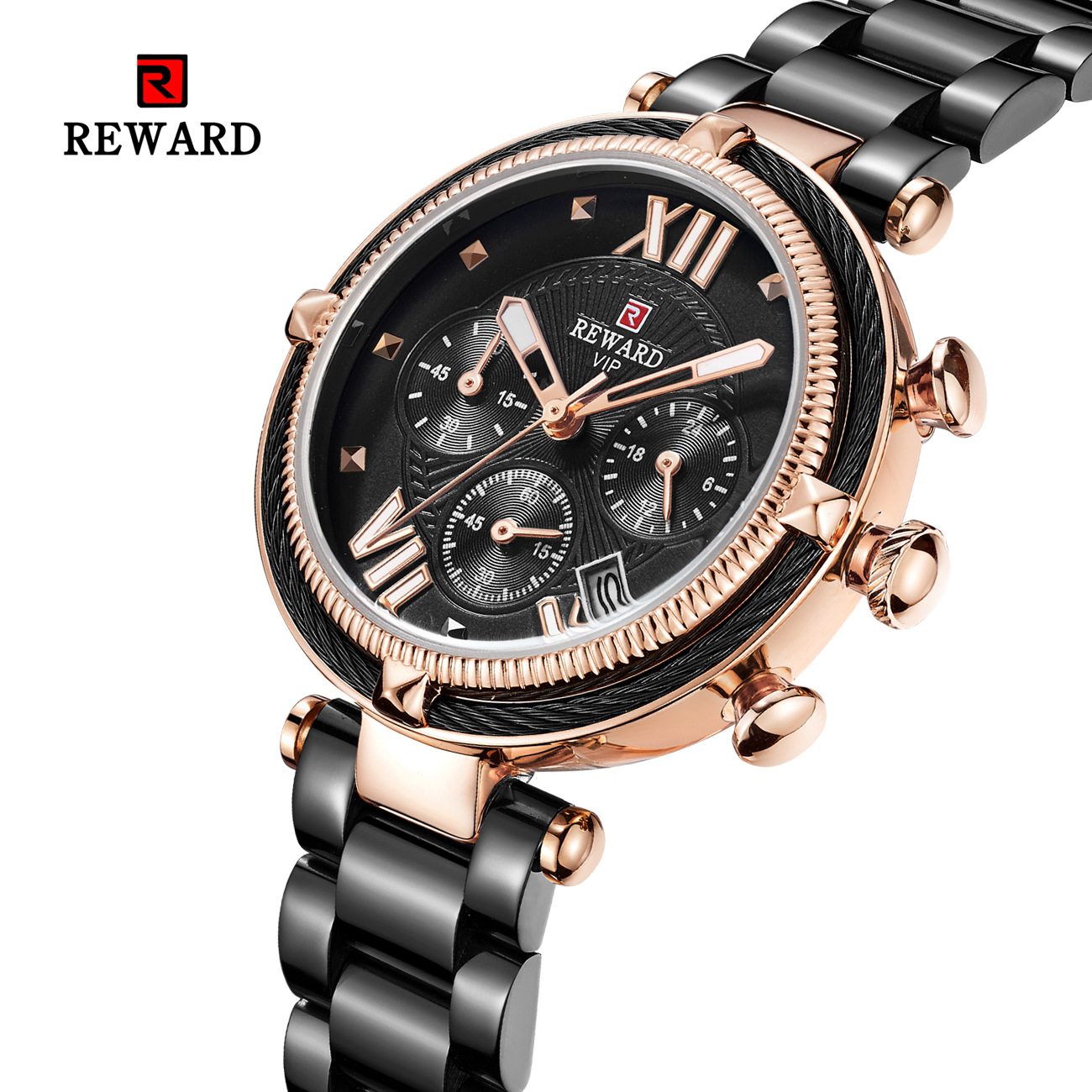 REWARD63084 Reloj para mujer Reloj de seis pines Reloj de cuarzo resistente al agua Reloj con banda de acero Reloj con calendario de moda para mujer_voghion.com