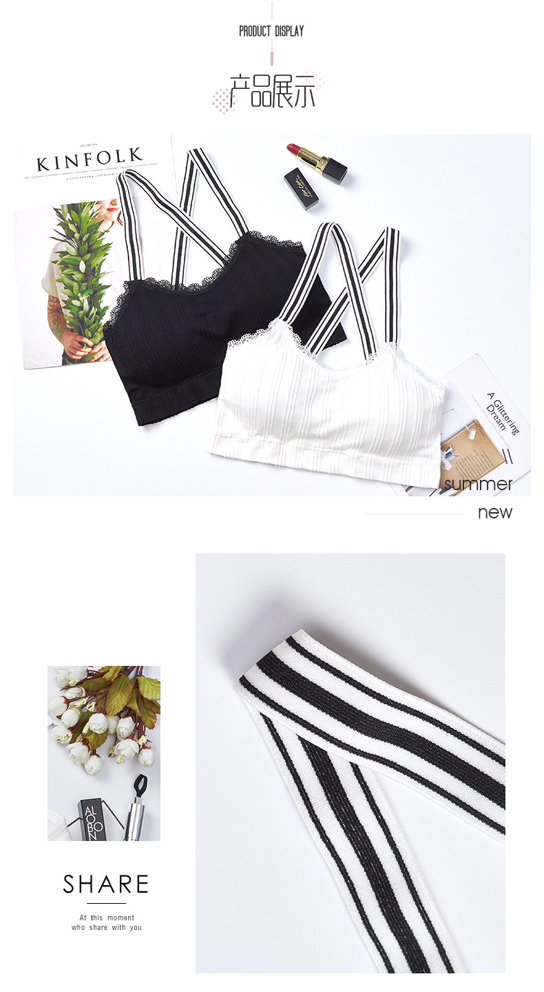 Wholesale of black and white striped shoulder-strap women's sports shockproof, rims, comfortable base, halter tops and chest pads detail image 7