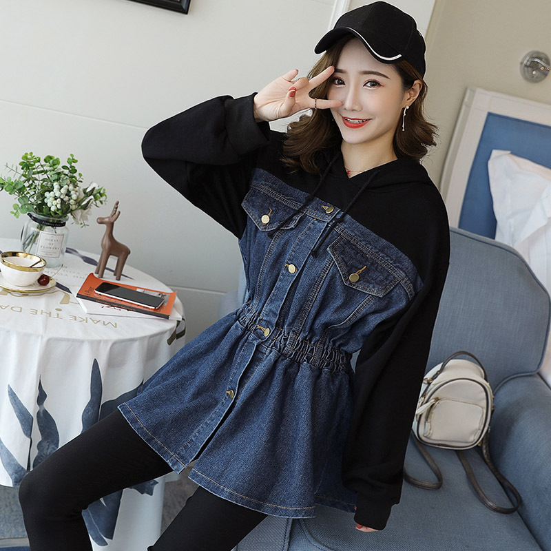 胖MM2018秋冬新款大码收腰连帽长袖上衣复古拼接牛仔连衣裙女