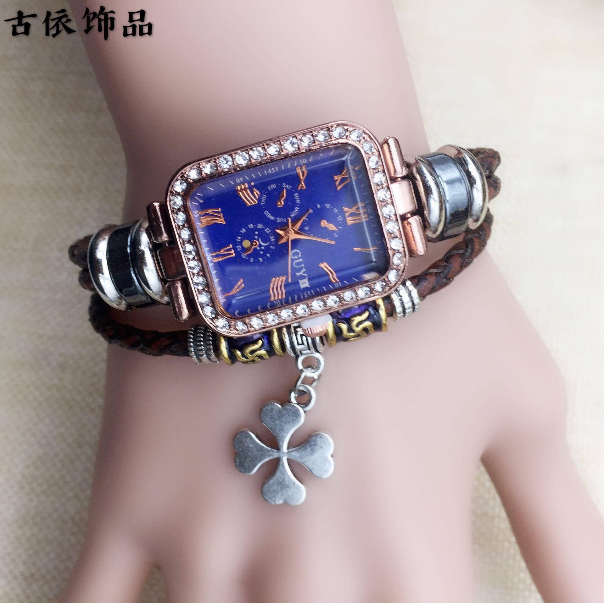 上海古依皮饰品批发长方形石英表地摊货真皮手表扣手链表厂家直销