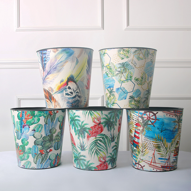 古盾北欧铁皮皮革垃圾桶家用创意客厅无盖 办公室纸篓复古收纳桶