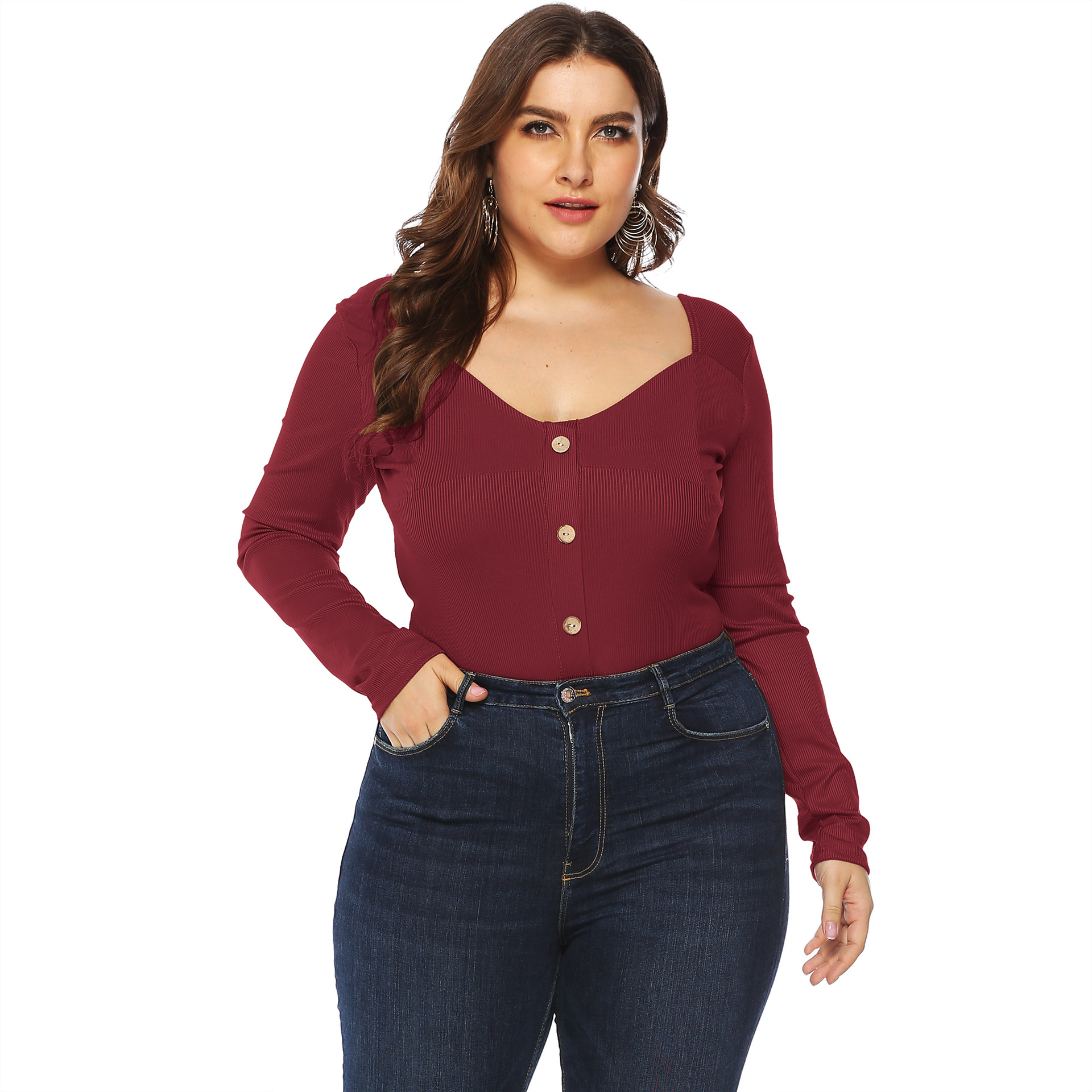 Plus size V-neck button front bodysuit NSOY46001