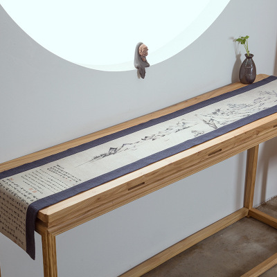 中国风印花麻茶席双面色手工禅意桌旗布艺茶道中式桌布床旗盖布|ru