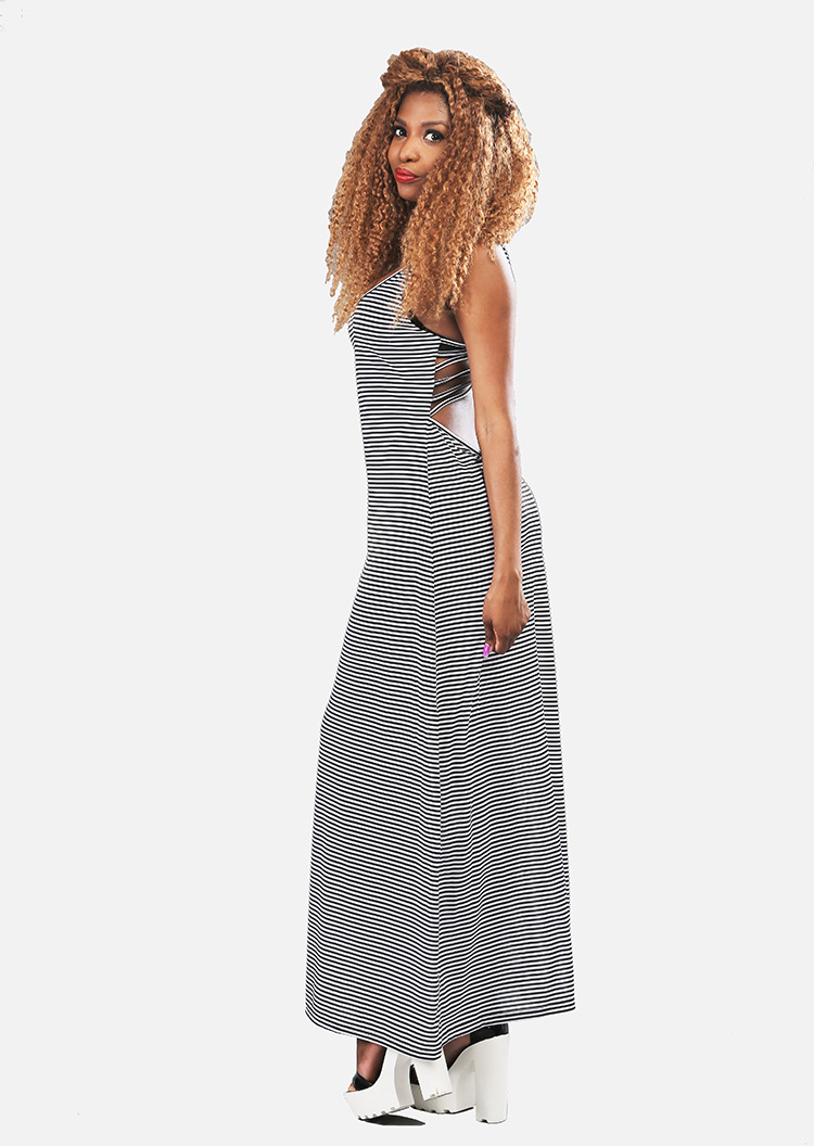 Sexy Striped Backless Dress Sleeveless Long Silhouette Unique Design Perfect for Summer Parties Wholesale Available