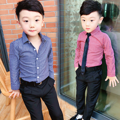 Korean Edition children stripe shirt pure cotton ventilation Medium and small men and women Children's clothing Long sleeve Lapel shirt On behalf of Affiliate