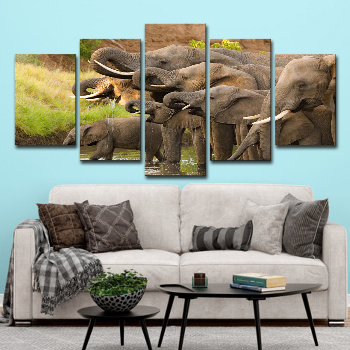 跨境insamazon5件大象组画抽象动物为客厅家居装饰墙艺术