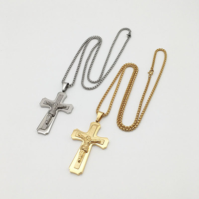 厂家直销钛钢基督教耶稣十字架吊坠不锈钢组合十字架项链宗教饰品