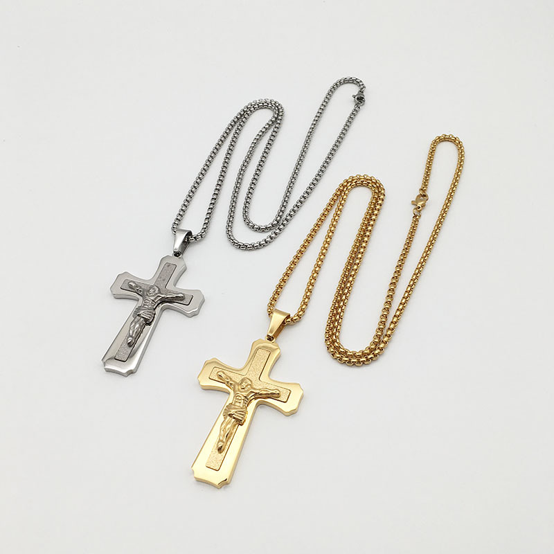 厂家直销钛钢基督教耶稣十字架吊坠不锈钢组合十字架项链宗教饰品