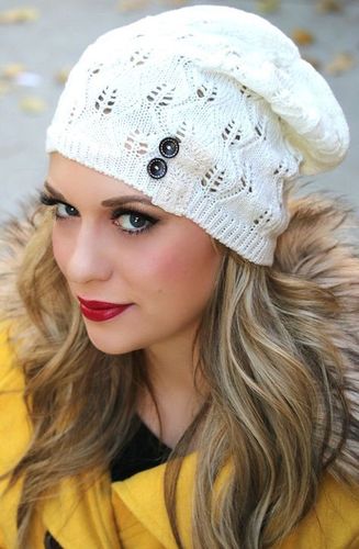 European and American knitted beanie hollow leaf lace button warm hat ladies pullover beret