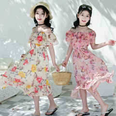 Ladies' Chiffon Dress 2024 New Summer Outfit Trendy Medium-Length Beach Dress for Young Girls and Big Kids with Shoulder-Strap Floral Print Dress