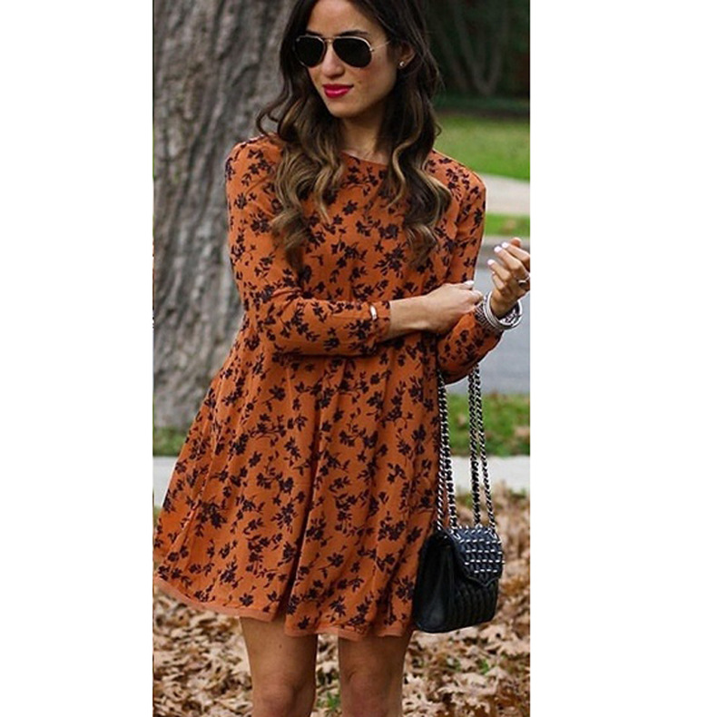 loose off wear round neck long sleeve printed dress  NSKX18943